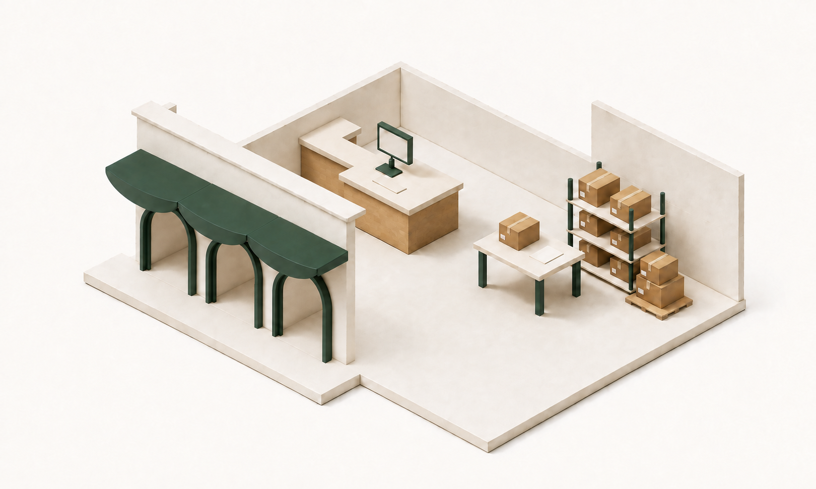 A miniature storefront with sales channels in front and a merchant’s desk and fulfilment workstations inside.